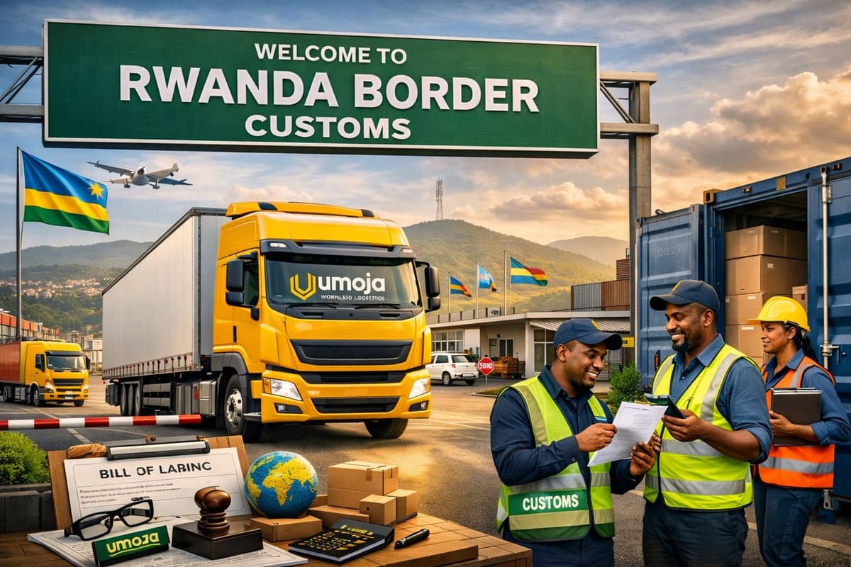 Customs officers reviewing documents at the Rwanda border with cargo trucks